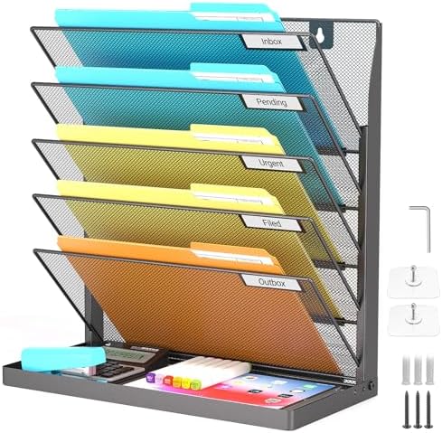 Legal/Letter Size Hanging Wall File Organizer Desktop Self Standing File Organizer,6-Tier Wall Mount Paper Document Folder Holder,Metal Mesh Magazine Rack for Office Home, Black ﻿ by Fun+storage