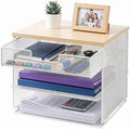 4-Tier Mesh Desk Organizer and Accessories with Drawer Wooden Top Desktop Organizers Letter Tray Paper Organizer File Holder for Home Office School White by Uwoodia
