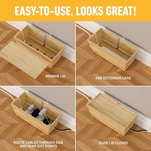 D-Line Bamboo Cable Management Box – Hide Power Strips, Large Cable Organizer Box for Home & Office, Wooden Cord Organiser for Desk, TV & Floor – Natural Finish - Image 4
