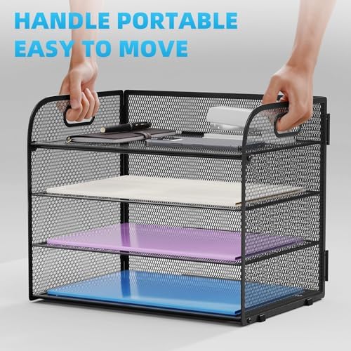 Marbrasse 2 Pack 4 Tier Paper Organizer Letter Tray - Mesh Desk File Organizer with Handle, Paper Sorter Organizer for Letter/A4 Office File Folder Holder (Black, 12.6" x 9.1" x 10.7") - Image 5