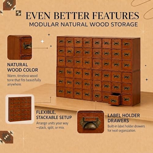 48 Drawer Wood Storage Organizer, Stackable Apothecary Cabinet with Brass Handles & Label Holders, Modular Card Catalog Drawer Chest for Crafts, Hardware, Beads, Spices, Office Desk - Image 4