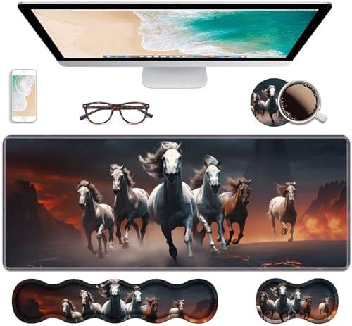 Ergonomic Keyboard Wrist Rest & Mouse Pad Wrist Rest Set, Large XXL Gaming Desk Mat 31.5"x 11.8" with Non-Slip Base, Memory Foam, Easy Typing Pain Relief for Home & Office, Running Horses by Unknown