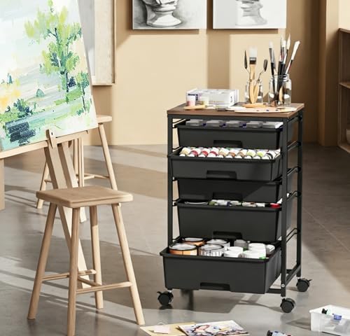 SYKIARIOL 5-Tier Rolling Cart with Drawers with Wooden Top, Black - Image 2