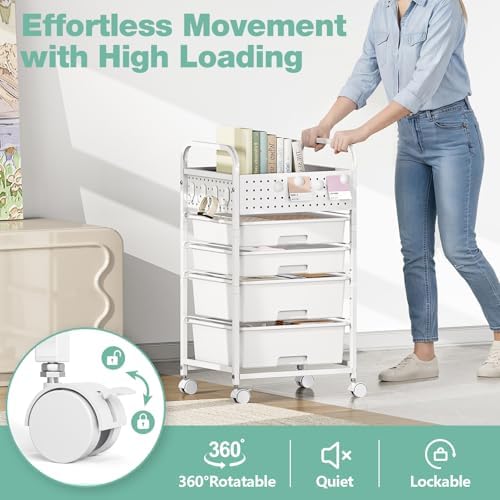 SYKIARIOL 4 Drawer Rolling Storage Cart with Pegboard Top and Hooks, White - Image 5