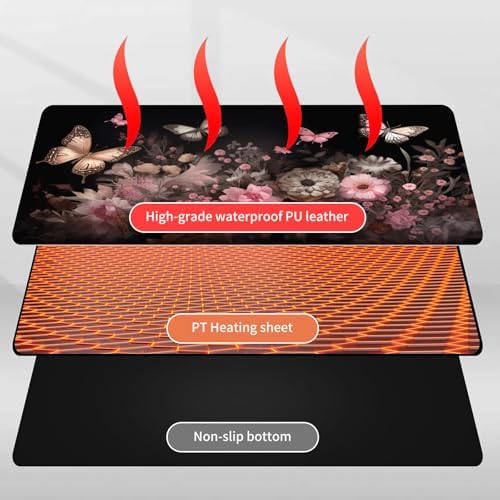 Heated Mouse Pad Hand Warmer, Warm Desk Pad Mousepad Desk Mat with 3 Levels Heating and Auto Shut Down 31.5 x 13 inch PU Leather Warmer Keyboard Mat for Gaming Office Home, Art Butterfly Flower - Image 4