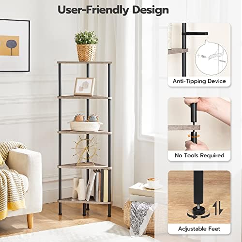 HOOBRO Corner Shelf Stand, Industrial 5-Tier Corner Bookshelf with Metal Frame, Corner Shelf Stand Display Plant Flower, Corner Bookcase for Small Spaces, Living Room, Greige and Black BG33CJ01 - Image 6