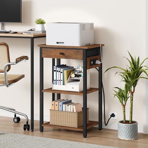 Printer Stand with Power Outlets, 3-Tier Under Desk Printer Table, Brown - Image 3