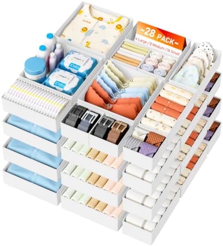 DIMJ Drawer Organizer Clothes Storage - 26 Pack Baby Dresser Organizer for Nursery, Foldable Closet Drawer Organizer Bins for Bedroom Organization, Fabric Storage Dividers for Socks, Underwears,White by DiMJ