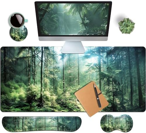 4-Piece Extended Large Mouse Pad Set for Women Men with Green Forest Design Includes 35.4 x 15.7 XXL Large Mouse Pad Keyboard Wrist Rest Mouse Wrist Support and Coaster for Office Home by HaoSiTeck