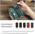 CONTACTS Full Grain Leather Pencil Case Handmade Vintage Zipper Pen Holder Pouch with Card Slot Pens Organizer Pockets Stationery Bag for Men and Women (Dark Green) - Image 2