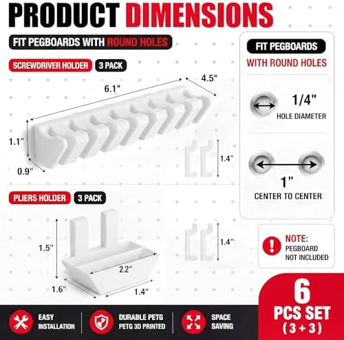 Novabright 6 Pieces Pegboard Organizer Accessories Set, Screwdriver Holder and Double Hole Pliers Holders, Pegboard Tool Hangers for Screwdrivers, Pliers, Scissors Wall Garage Workshop Storage(White) - Image 2