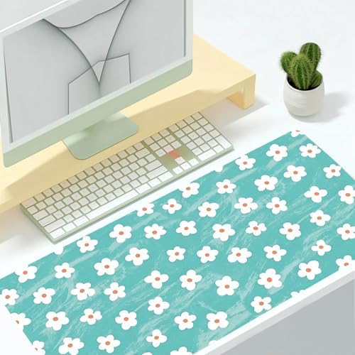 Turquoise Daisy Office Desk Mat 31.5" x 15.7" Desktop Mat PU Leather Large Mouse Pad White Mousepad Non-Slip Table Mat for Girls, Women, Home, Work, Computer, and Gaming - Image 2