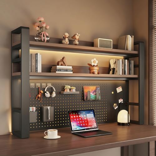 Desk Organizer with Pegboard, Desktop Shelves & Office Shelves, Desk Hutch Top Only, Adjustable Hutch for Dorm or Office, Steel Frame Display (Black, 61" L x 10" W x 37" H) by VIBRFURE