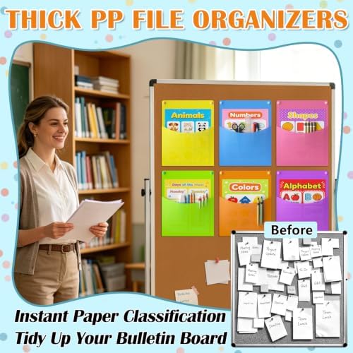 MFTEK Oversized Wall Pockets 6 Assorted Colors 12.2''x 9.5'' Hanging Wall File Folder Holder Plastic Magazine Mail Organizer for Classroom Bulletin Boards Home Office School (24 Pack) - Image 5