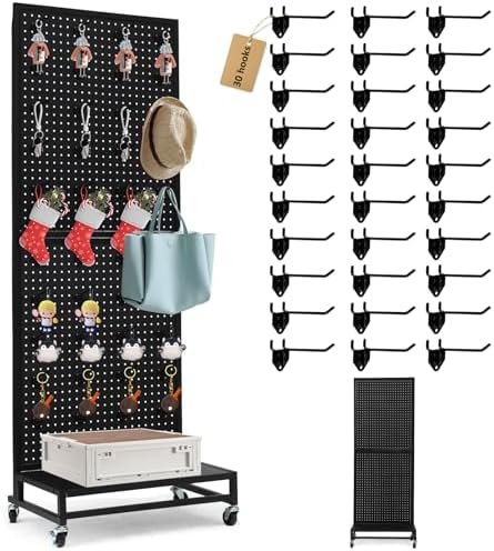 Eastern Tree Metal Pegboard Display Stand 2'x 5'with Base Plate, Pegboard Panels Display with Wheels, Peg Board Display Rack, Standing Pegboard Display with 30 Hooks - Black by EasternTree