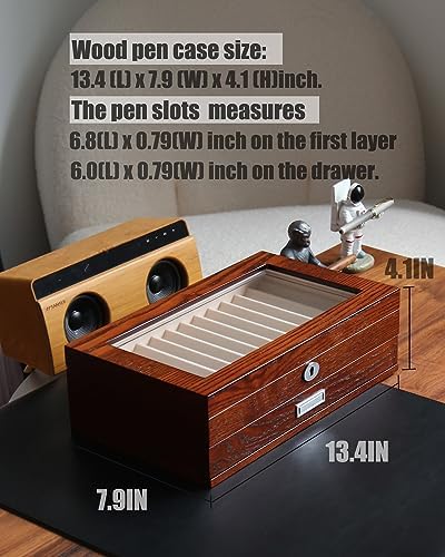 wood pen display case 24 slot Fountain pen Box storage Organizer with drawer, Top Glass Window Pen Collection Display Case - Image 4