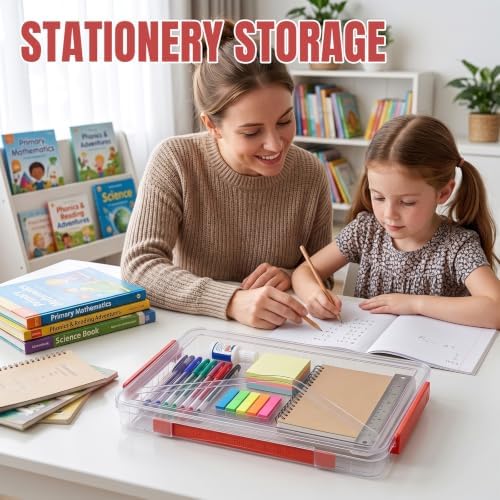 Clear Document Box, Portable A4 Paper Storage Organizer with Snap Latches, Stackable File Case for Certificates Photos Letter Size, Magazine Protector, 14.37" x 9.44" x 1.37" (2 Pack), Red - Image 6