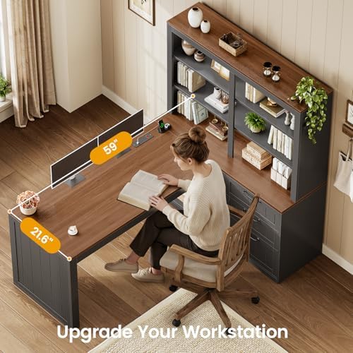 SEDETA Farmhouse L Shaped Computer Desk, 59'' Wood Office Desk with 3 Drawers and 5-Tier Bookshelf, Corner Desk with Storage Shelves and Power Outlet for Home Office Small Space, Black + Brown - Image 6