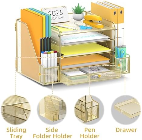 SUPEASY Mesh Desk Organizer with File Holder, 5-Tier Paper Letter Tray Organizer with Magazine Holder, Desktop Organizer and Storage with Drawer for Office Supplies Home or School (Golden) - Image 3
