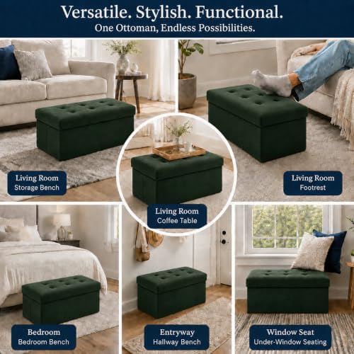 ALASDO 30 Inch Folding Storage Ottoman Bench with Hidden Storage, Velvet Storage Ottoman Foot Rest Stool, End of Bed Bench for Bedroom, Living Room, Entryway and Closet, Dark Green - Image 6