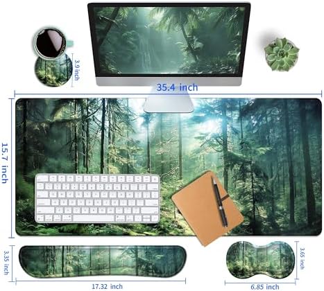 4-Piece Extended Large Mouse Pad Set for Women Men with Green Forest Design Includes 35.4 x 15.7 XXL Large Mouse Pad Keyboard Wrist Rest Mouse Wrist Support and Coaster for Office Home - Image 5