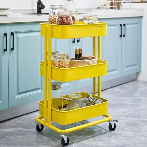 3 Tier Rolling Cart Metal Heavy Duty Utility Cart with Silent Caster Lockable Wheel Multi-Functional Organization Carts Storage Trolley with Mesh Shelves for Office Kitchen Living Room Yellow - Image 6