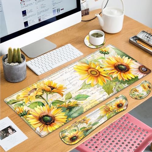 Large Gaming Mouse Pad+ Keyboard Wrist Rest Set, Ergonomics Memory Foam Mouse Mat Wrist Rest Support for Home Office, Waterproof Extended Mousepad 31.5x11.8in, Sunflower White Desk Pad - Image 7