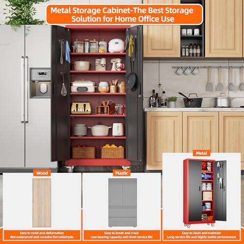 Aobabo Metal Garage Storage Cabinet with Wheels, 34" W x 18" D x 71" H,Red - Image 4