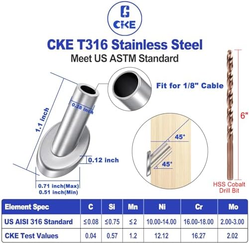 [Patent Design] CKE 40 Pack 45 Degree T316 Marine Grade Stainless Steel Angle Beveled Protector Sleeves Wood Post Protector for 1/8" Wire Rope Cable Railing, Come with a Free Drill Bit - Image 2