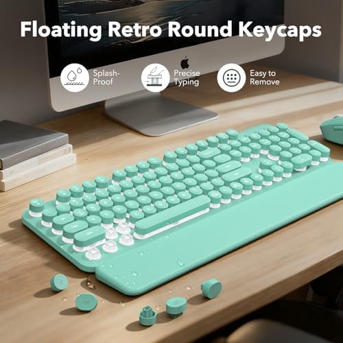Wireless Keyboard and Mouse Combo, Backlit Round Keycaps, Retro Typewriter Keyboard with Detachable Wrist Rest, Rechargeable & Tilt Legs, 2.4GHz Cordless Connection for Windows/PC (Glowing Turquoise) - Image 4