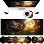 4 in 1 Mouse Pad Combo, Large Gaming Mouse Pad + Keyboard Wrist Support + Mouse Wrist Rest + Coaster, Table Pad 31.5 "x 11.8" with Memory Foam Ergonomic Wrist Pad Set, Dragonfly Under The Moon by RVHOEZZM