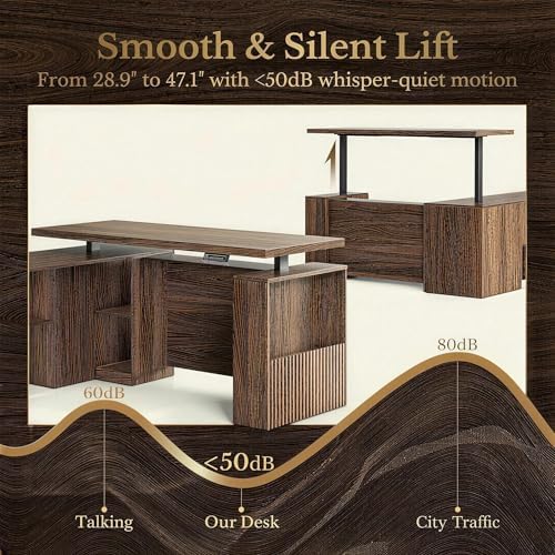 70 Inches L Shaped Executive Standing Desk, Electric Height Adjustable Desk with File Cabinet, Computer Corner Table with AC/USB and Privacy Panel for Home and Office, Black Walnut - Image 3
