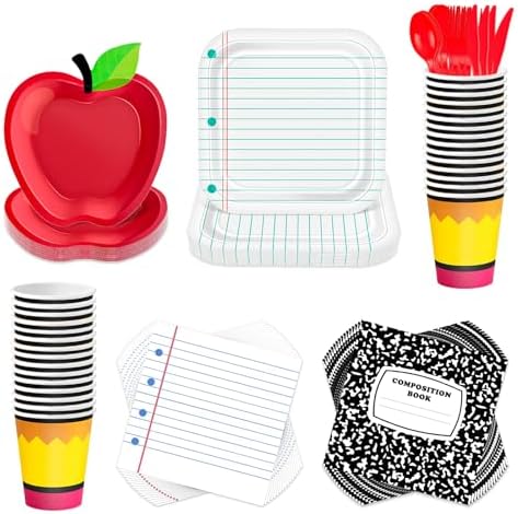 Demonwer 240 Pcs Back to School Party Decoration Apple and Notebook Line Paper Plates Notebook Napkins Pencil Cups Tableware Sets for 30 Guests for First Day of School Party Supplies by Demonwer