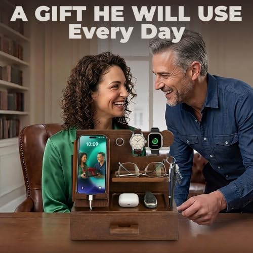 TESLYAR Wood Phone Docking Station with Drawer - Nightstand Organizer - Desk Organizer for Husband - Birthday Gifts for Men, Dad, Anniversary Idea, Key Holder Stand Watch & Accessories (Bourbon Brown) - Image 6