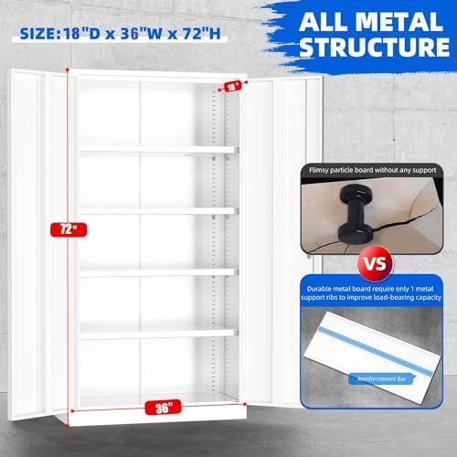 Superday 72" Lockable Steel Storage Cabinet, Locking Metal Storage Cabinets, Tall White Cabinet with 2 Doors and 4 Adjustable Shelves for Garage, Home Office, Classroom, File, Easy Assemble - Image 4