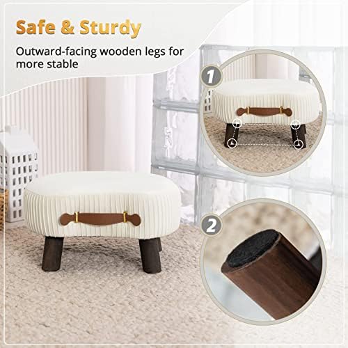 LUE BONA Small Curved Foot Stool with Handle, Beige Velvet Footstool and Ottomans, Modern Foot Rest with Wooden Legs, Step Stool with Padded Seat for Couch, Living Room - Image 5