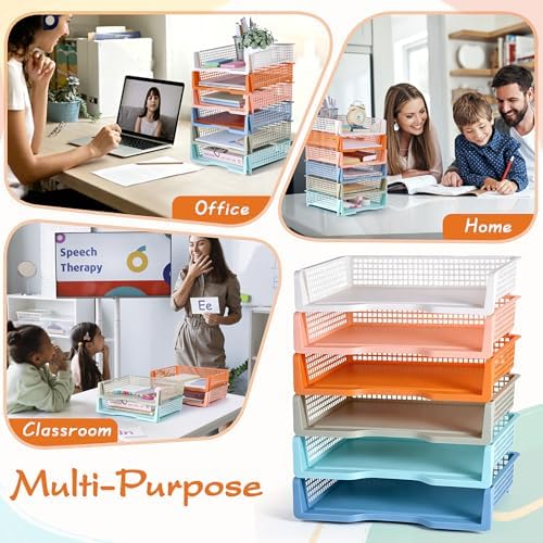 ZZYFGH 6 Pack in Trays for Teachers, Plastic Classroom Paper Organizers, Colorful Storage Baskets for Office, Stackable Office Desktop Document Paper Storage(13.4 * 9.5 * 2.7in) - Image 6