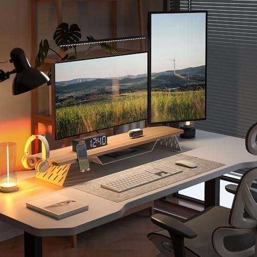 Fenge Dual Monitor Stand, Wooden Desk Shelf with Headphone & Phone Holder - Image 5