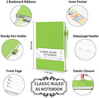 feela 5 Pack Notebooks Journals Bulk, Hardcover Notebook Classic Ruled Lined Journals with Pen Holder for Women Girls School Business Supplies, with 5 Black Pens, 120 GSM, 5.1”x8.3”, A5, Green - Image 2