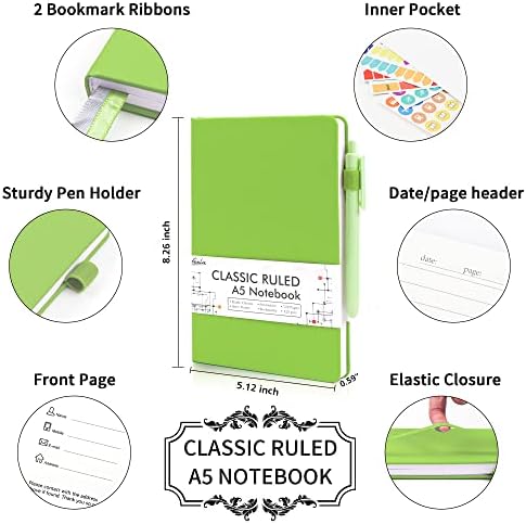 feela 5 Pack Notebooks Journals Bulk, Hardcover Notebook Classic Ruled Lined Journals with Pen Holder for Women Girls School Business Supplies, with 5 Black Pens, 120 GSM, 5.1”x8.3”, A5, Green - Image 2