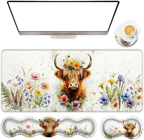 TGFEWYTJYJ Extended Gaming Mouse Pad,Memory Foam Ergonomic Keyboard Mouse Wrist Rest Support Set,Large Desk Mat with Stitched Edges,Non-Slip Base Mousepad Home Office,Cute Highland Cow by GFEWYTJYJ