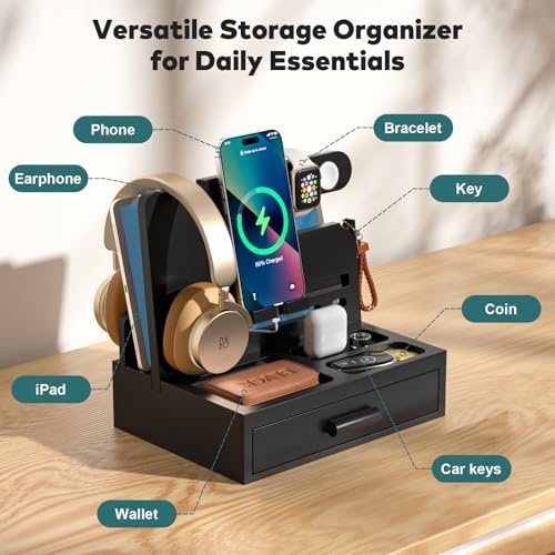 Sephyroth Bamboo Phone Docking Station Nightstand Organizer Cell Phone Stand Gifts for Men, Dad Gifts for Boyfriend, Husband with Drawer Storage (Black) - Image 4