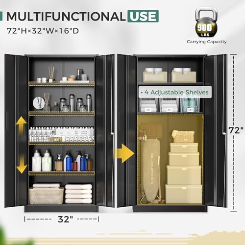 Greenvelly Storage Cabinet, 72” Black Garage Steel Locking Cabinet with Doors and 4 Adjustable Shelves, Tall Lockable File &Tool Cabinet for Home Office, Metal Classroom Cabinet Basement - Image 4
