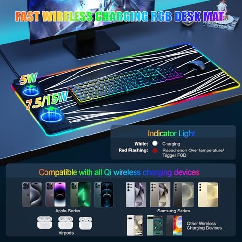Mouse Pad with Phone Holder, Wireless Charging Desk Mat, RGB Gaming Mousepad Home Office Large Desk Pad with Ultra-Smooth Surface, Non-Slip Base, Waterproof Keyboard Pad,Wavy Black - Image 2