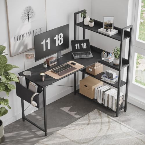 Treesland 40 Inch Computer Desk with Bookshelf, Corner Desk with Storage, L Shaped Desk, Home Office Desks, Writing Study Desk for Bedroom, Black - Image 2