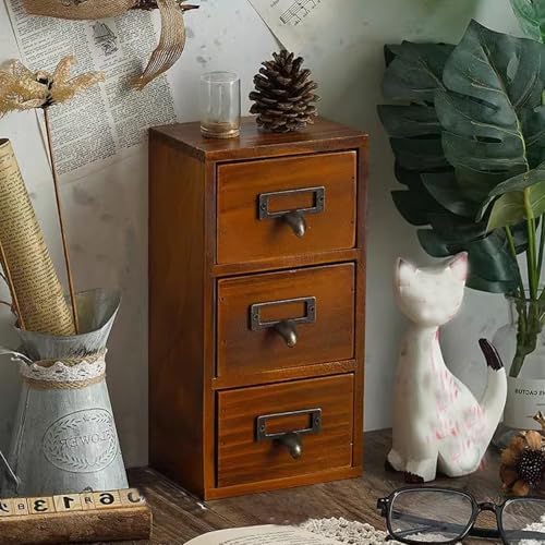 Wooden Desk Drawer Organizer, Classic Vintage Desk Organizer for Tabletop, Wood Storage Box, Desktop Organizing Cabinet with Drawers for Office Study Table(3-Drawer, Brown) - Image 2