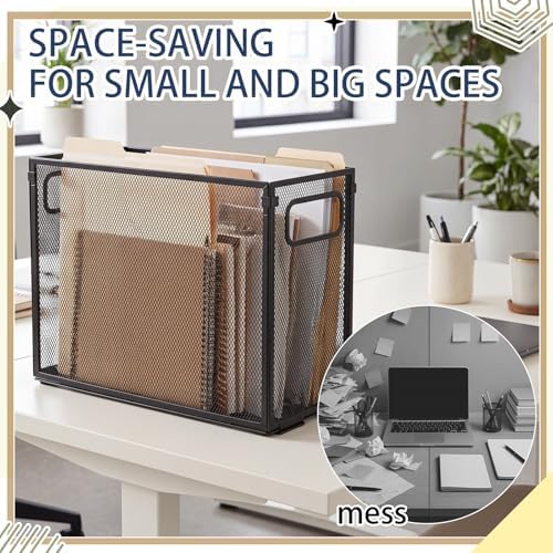 Zhengmy 3 Pcs Hanging File Organizer Letter Size File Holder Metal Mesh Filing Box Desktop Folder Letter Storage Cabinets Magazine Holder with Handles for Home Office School Document (Black) - Image 4