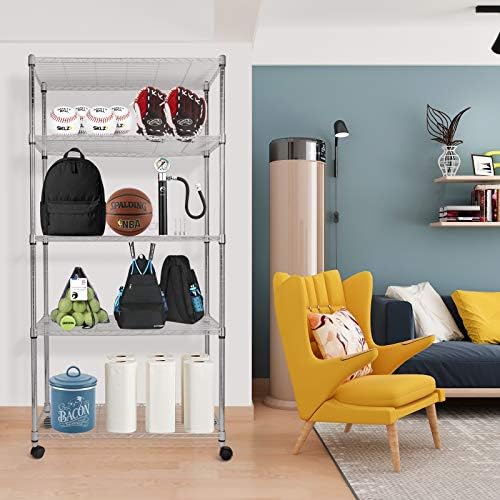 HealSmart Heavy Duty 5-Shelf Storage Shelves, 1750Lb Loading Capacity, 35.43" W x 17.72" D x 70.87" H Adjustable Shelving Unit with Wheels, Chrome - Image 2