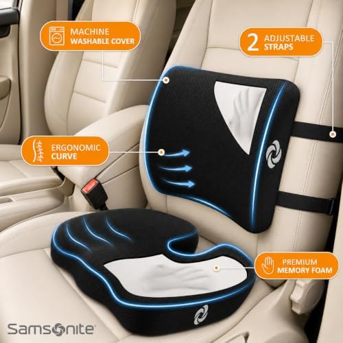 Samsonite [2-in-1 Ergonomic Seat Cushion and Lumbar Support Cushion Combo, Memory Foam Office Chair for Back Support and Car Seat Pillow - Image 4