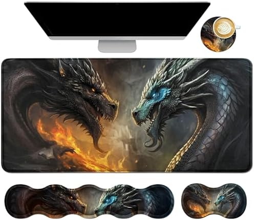 4Pcs Memory Foam Keyboard Wrist Rest Desk Mat Set, Flame Dragon by Dikoer